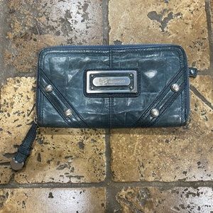 B. Makowsky Large Leather Zip Around Wallet Blue with Leopard Interior.